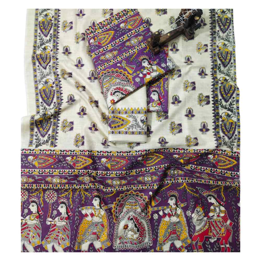 Premium Purple Madhubani Print Cotton Dupion Dress Material for Women | 3 Piece Unstitched Suit Set with Dupatta