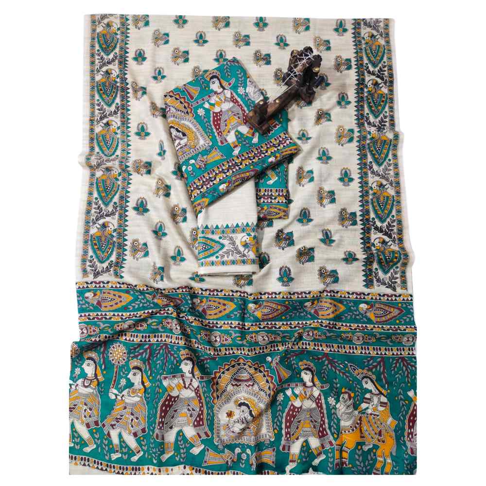 Premium Teal Green Madhubani Print Cotton Dupion Dress Material for Women | 3 Piece Unstitched Suit Set with Dupatta