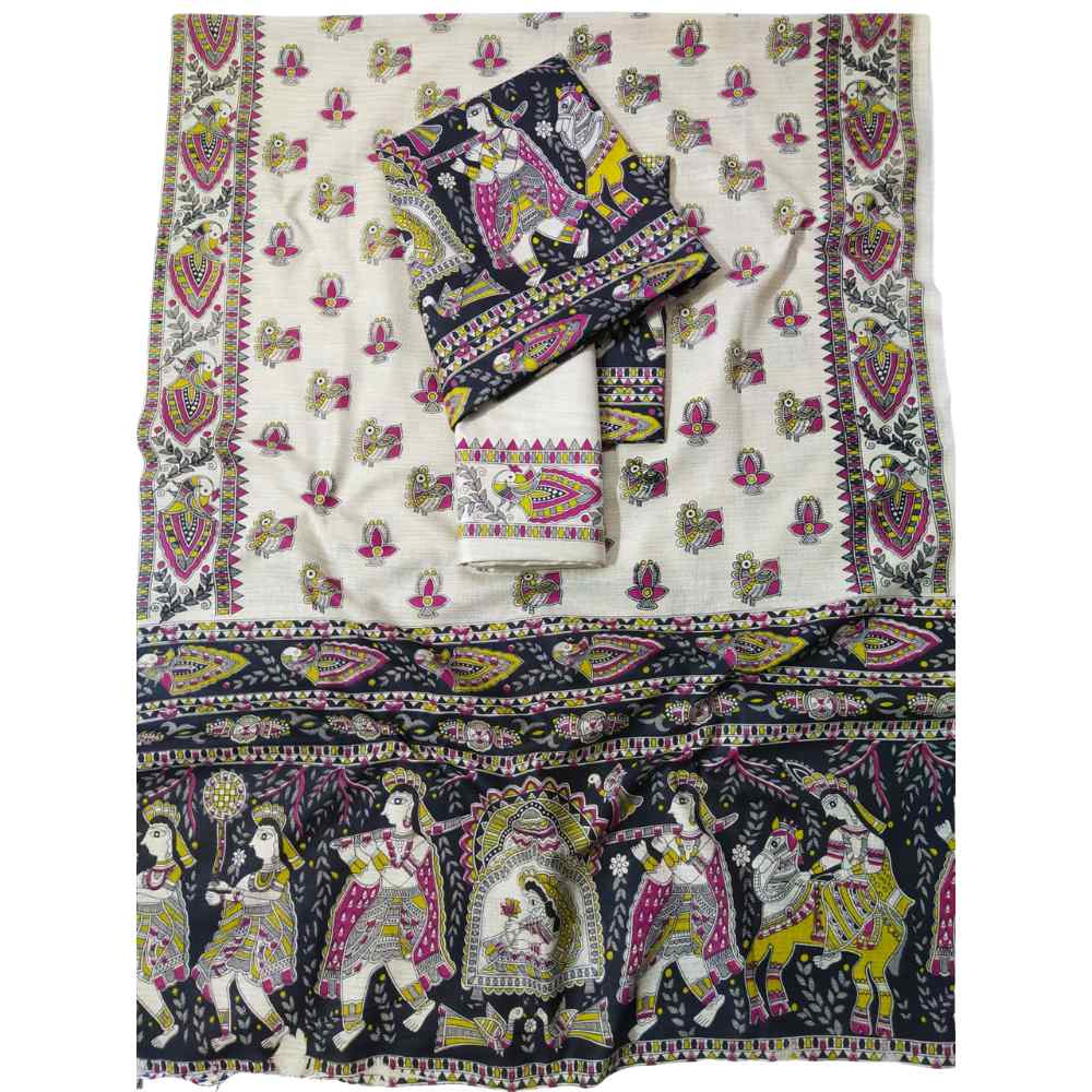 Premium Black Madhubani Print Cotton Dupion Dress Material for Women | 3 Piece Unstitched Suit Set with Dupatta