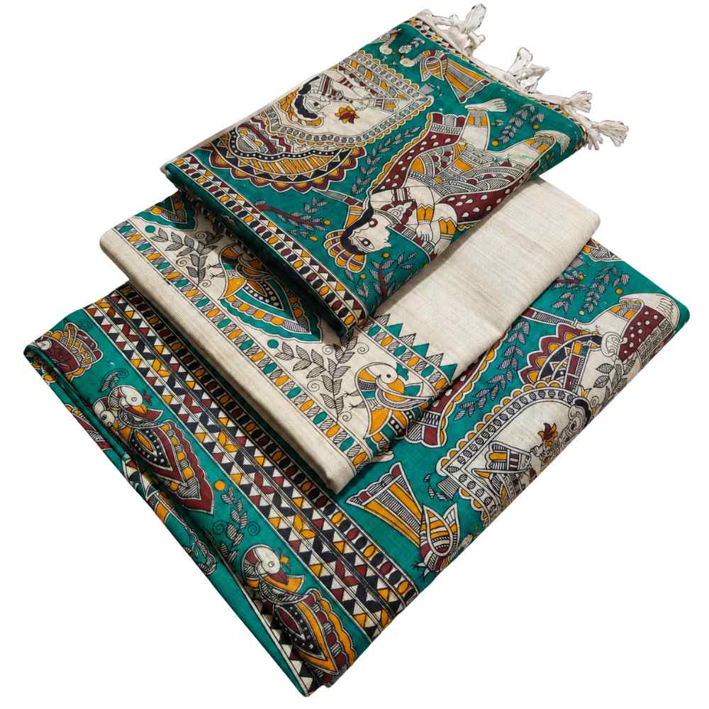 Premium Teal Green Madhubani Print Cotton Dupion Dress Material for Women | 3 Piece Unstitched Suit Set with Dupatta