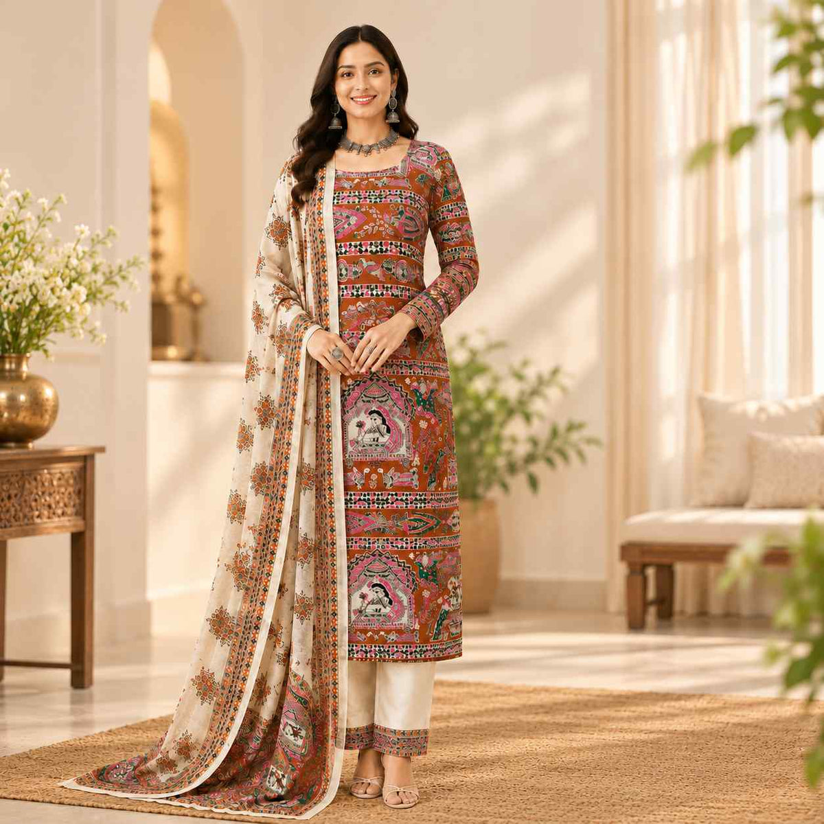 Premium Cotton Dupion Madhubani Print Unstitched Dress Material for Women | 3 Piece Suit Set with Dupatta