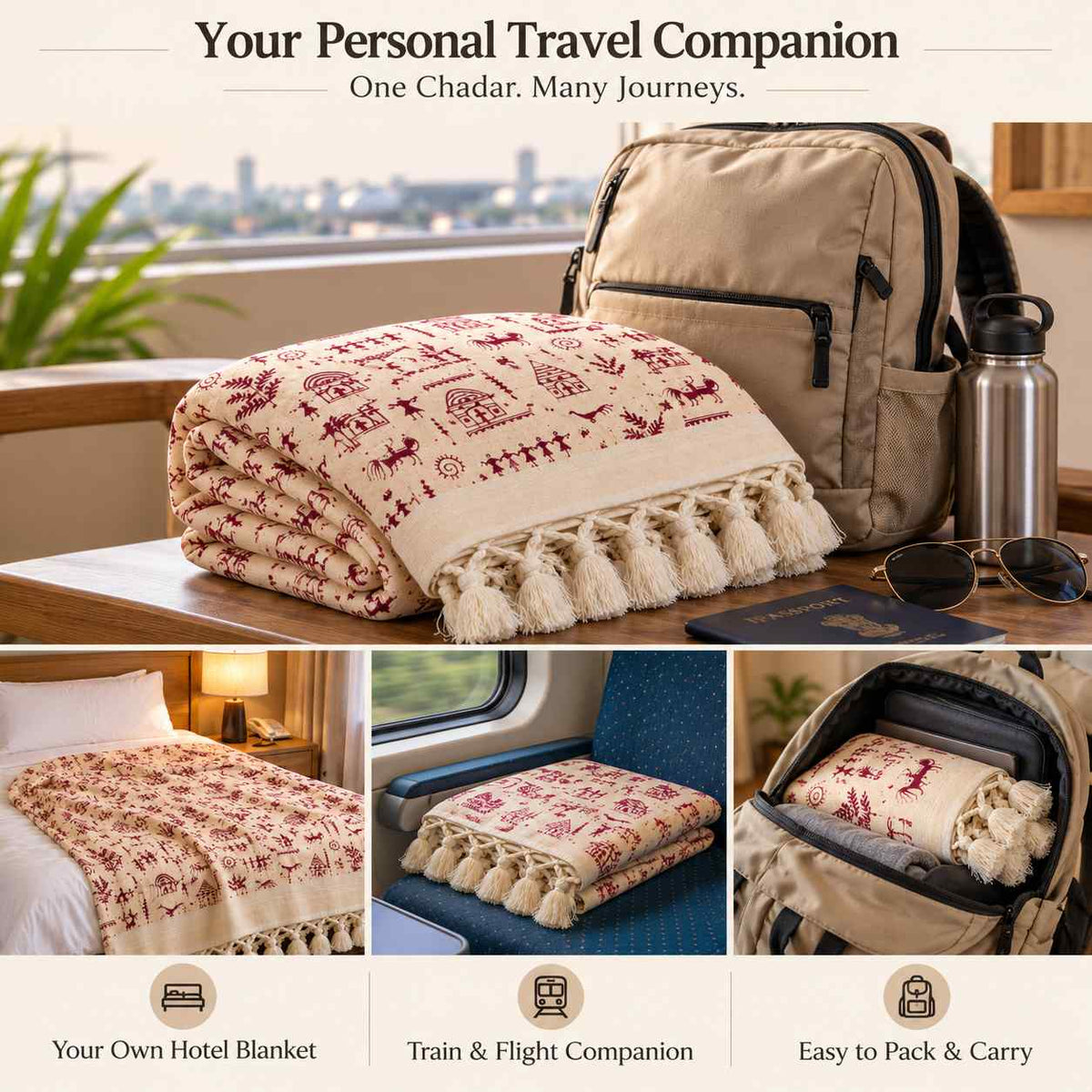 Bhagalpuri Dull Chadar Cotton AC Blanket, Warli Printed, Cream Maroon, Single Bed, 52 x 100 Inches