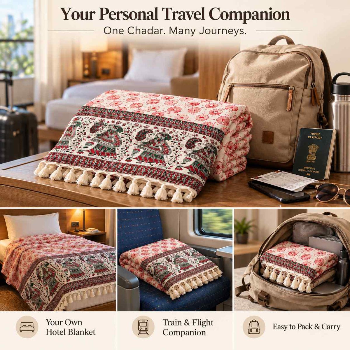 Premium Bhagalpuri Dull Chadar – Floral Printed Cotton AC Blanket for Single Bed | Cream & Red | 100 × 52 Inches