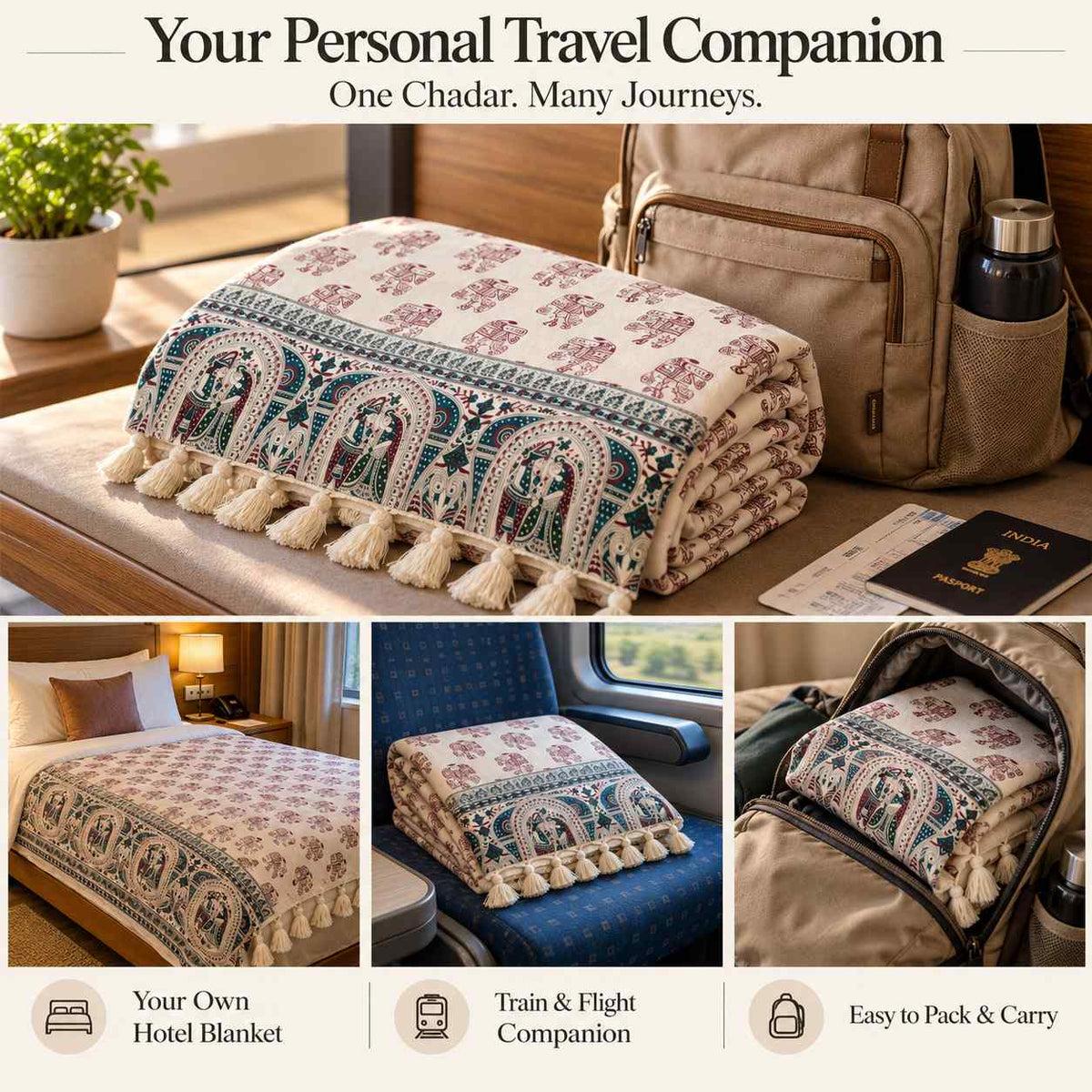 Premium Bhagalpuri Dull Chadar – Elephant Printed Cotton AC Blanket for Single Bed | Cream | 52 × 100 Inches