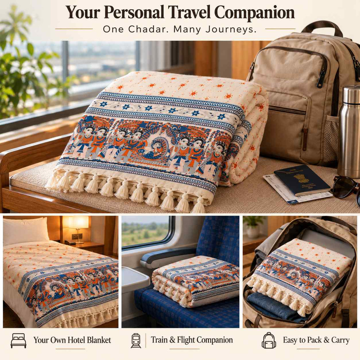 Premium Bhagalpuri Dull Chadar – Traditional Folk Art Printed Cotton AC Blanket | Cream | Single Bed 100 × 52 Inches